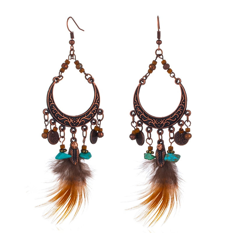 Lovely Feather Dangle Earrings with Natural Stone