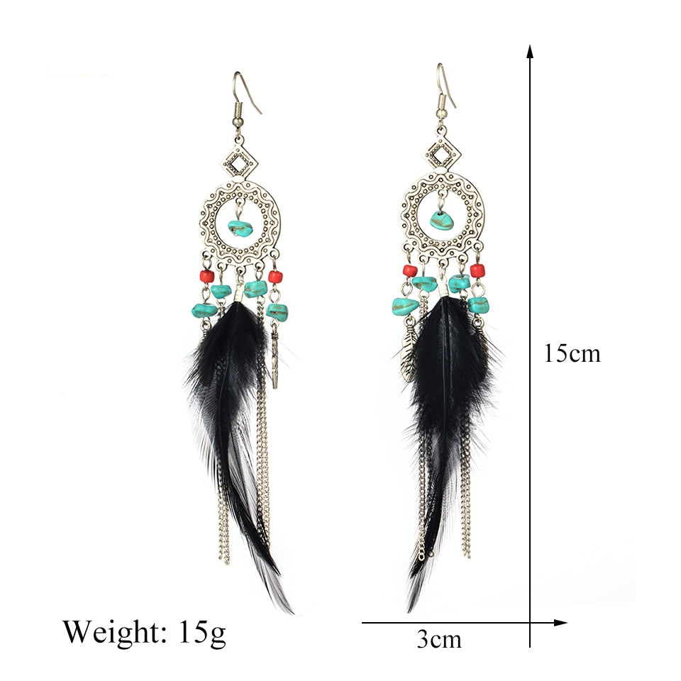 Black Feather Dangle Earrings with Natural Stone