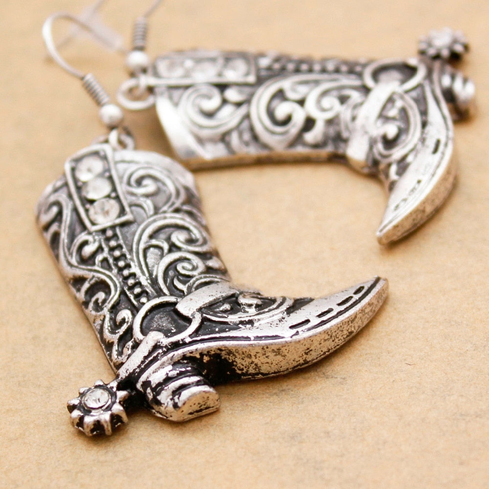 Wild West Silver Cowgirl Boots Spur Rodeo Earrings - My Treasure Barn