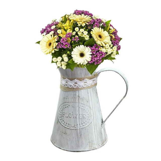 Vintage White-Washed Metal Flowerpot  Watering Bucket - My Treasure Barn
